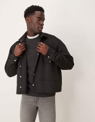 ASOS DESIGN - Oversized recht shacket van scubastof in zwart - view 1