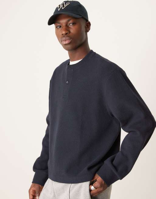 ASOS DESIGN - Oversized recht sweatshirt met wafelstructuur en Henley-hals in marineblauw