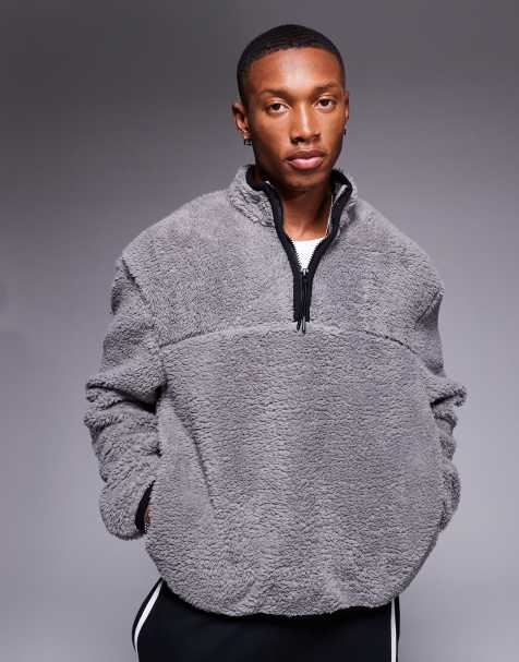 ASOS DESIGN - Oversized recht sweatshirt van borg met kwartrits in grijs - view 1