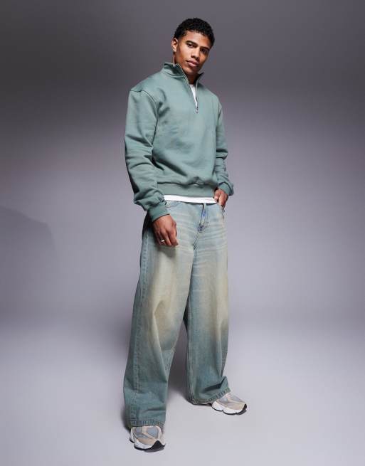 ASOS DESIGN - Oversized recht sweatshirt van premium zware stof van 400gsm met kwart rits in middengroen, 2 van 4