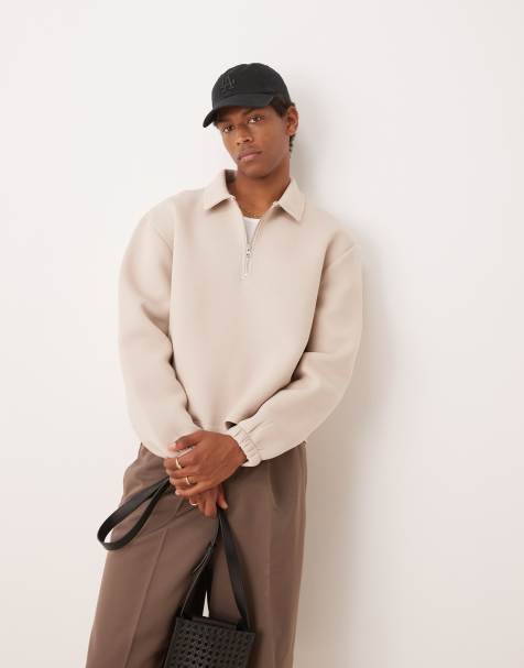 ASOS DESIGN - Oversized recht sweatshirt van scubastof met kwartrits in beige - view 1