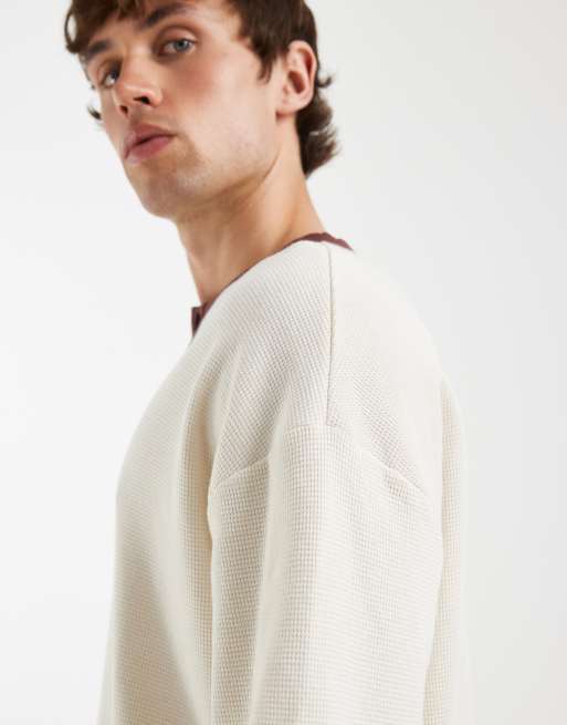 ASOS DESIGN - Oversized recht T-shirt met contrasterende Henley-hals en wafelstructuur in crème, 3 van 5