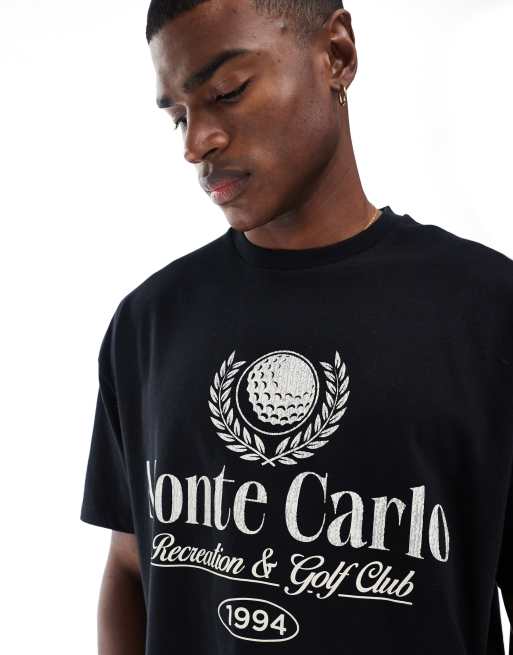 ASOS DESIGN - Oversized recht T-shirt met golf print op de voorkant in zwart, 3 van 4