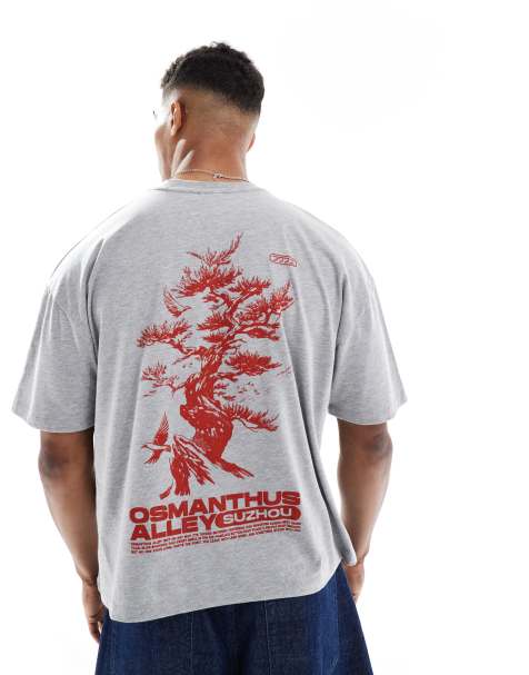ASOS DESIGN - Oversized recht T-shirt met grafische bonsaiprint in gemêleerd grijs - view 1