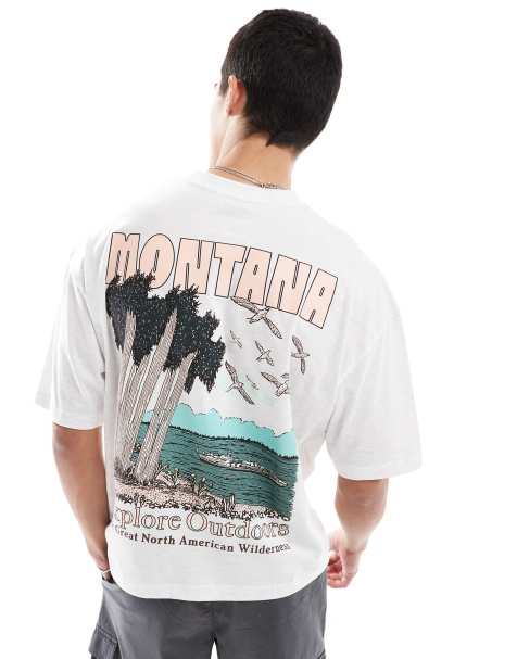 ASOS DESIGN - Oversized recht T-shirt met grafische landschapsprint in gemêleerd wit - view 1