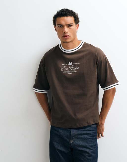 ASOS DESIGN - Oversized recht T-shirt met grafische tekstprint in bruin, 3 van 7