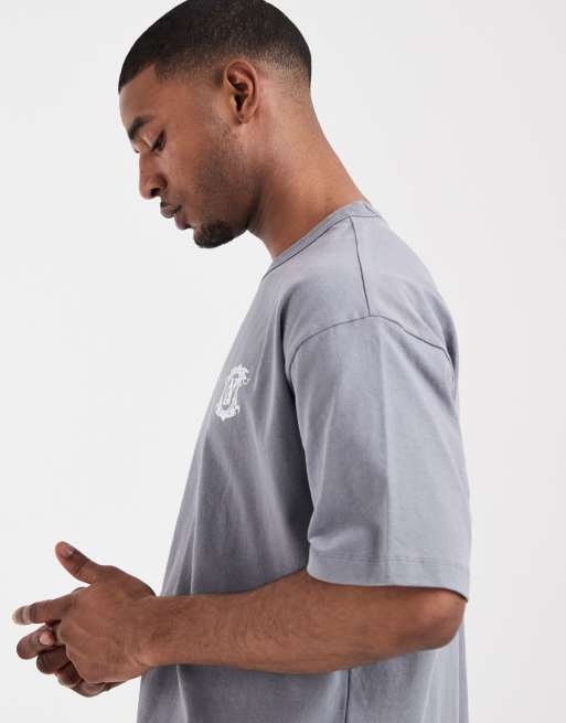 ASOS DESIGN - Oversized recht T-shirt met grafische tekstprint in grijs met wassing, 4 van 5