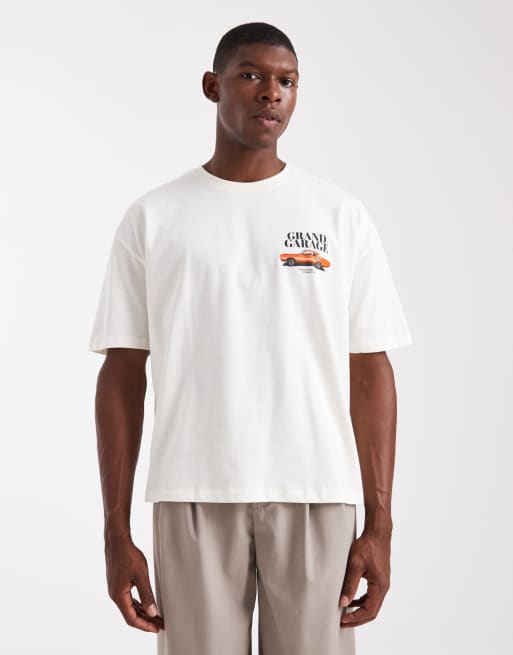 ASOS DESIGN - Oversized recht T-shirt met grafische vintge auto-print in gebroken wit, 3 van 5
