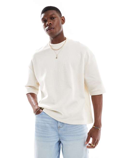 ASOS DESIGN - Oversized recht T-shirt met halflange mouwen en wafelstructuur in beige