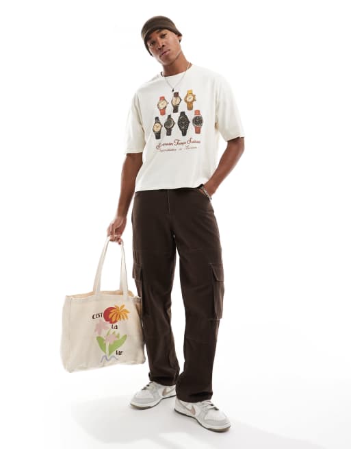 ASOS DESIGN - Oversized recht T-shirt met horloge-print in gebroken wit , 2 van 4