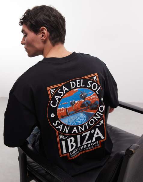 ASOS DESIGN - Oversized recht T-shirt met Ibiza-print op de achterkant in zwart - view 1