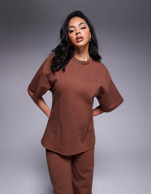 ASOS DESIGN - Oversized recht T-shirt met interlock-naden in bruin, deel van co-ord set