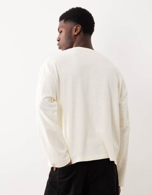 ASOS DESIGN - Oversized recht T-shirt met lange mouwen en textuur in crème , 3 van 5
