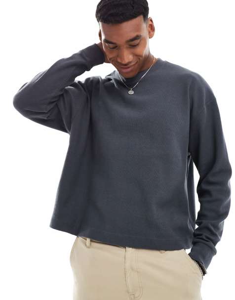 ASOS DESIGN - Oversized recht T-shirt met lange mouwen en wafelstructuur in antraciet - view 1