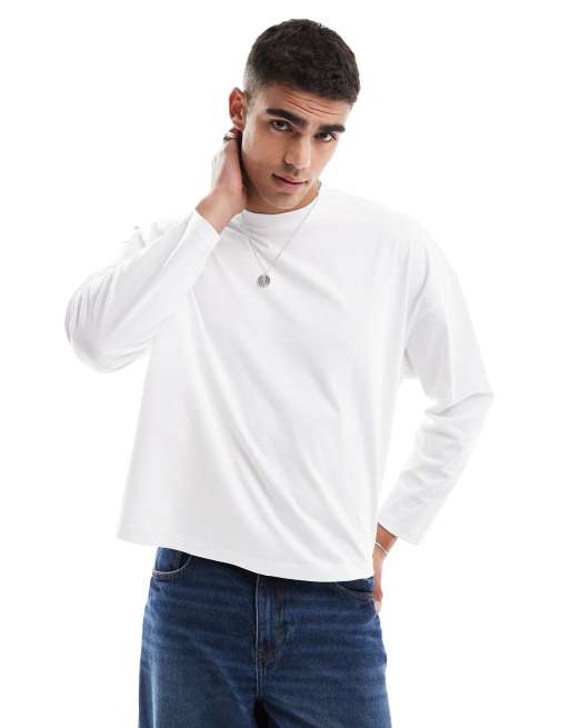 ASOS DESIGN - Oversized recht T-shirt met lange mouwen van zware stof in wit