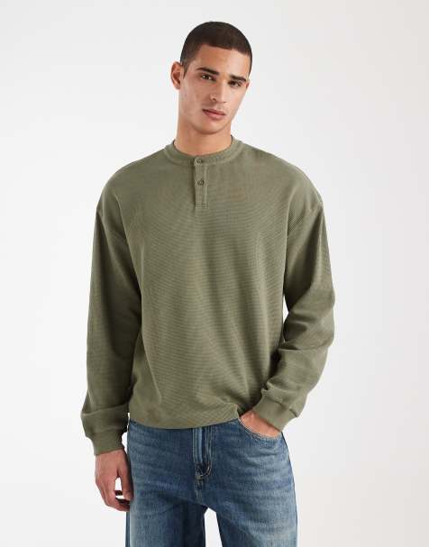 ASOS DESIGN - Oversized recht T-shirt met lange mouwen, wafelstructuur en henley-hals in kaki - view 1