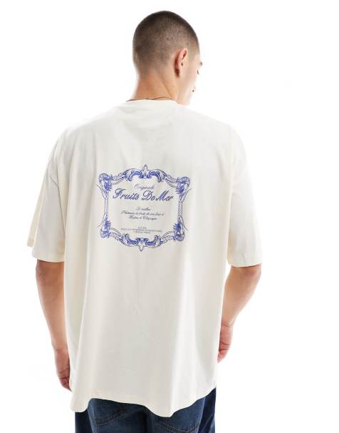 ASOS DESIGN - Oversized recht T-shirt met print op de achterkant in gebroken wit - view 1