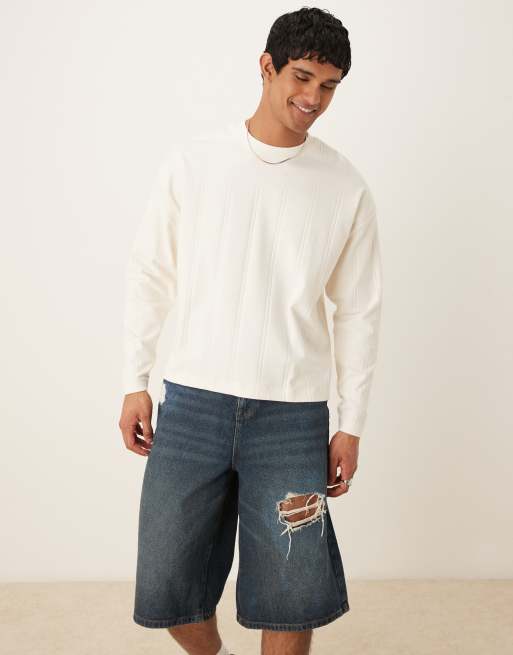 ASOS DESIGN - Oversized recht T-shirt met ribbeltextuur en lange mouwen in crème