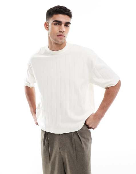 ASOS DESIGN - Oversized recht T-shirt met ribbeltextuur in crème - view 1