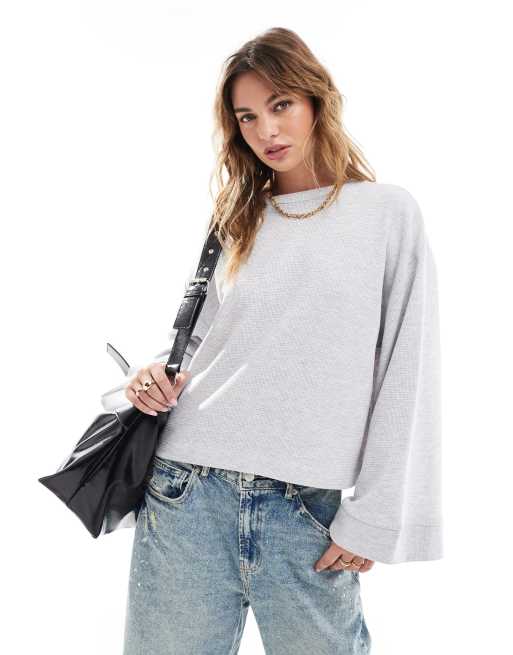ASOS DESIGN - Oversized recht T-shirt met wijde mouwen en wafelstructuur in gemêleerd ijsgrijs