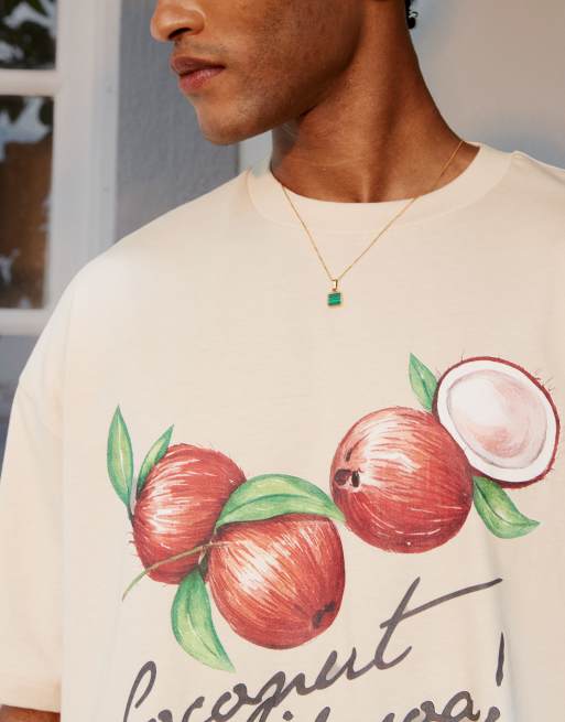 ASOS DESIGN - Oversized recht T-shirt met zomerse print in beige, 3 van 4