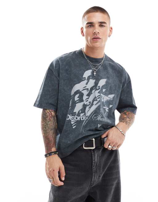 ASOS DESIGN - Oversized recht T-shirt van 220g/m² zware stof met print aan de voorkant in groen met wassing
