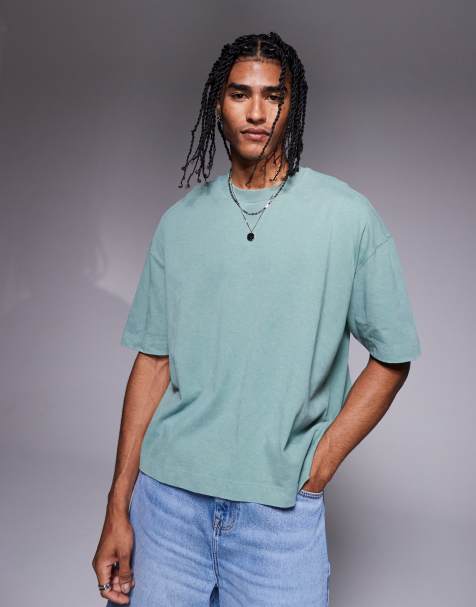 ASOS DESIGN - Oversized recht T-shirt van 220gsm zware stof in groen met wassing - view 1