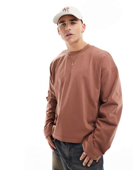 ASOS DESIGN - Oversized recht T-shirt van 240g/m² zware stof met lange mouwen in bruin
