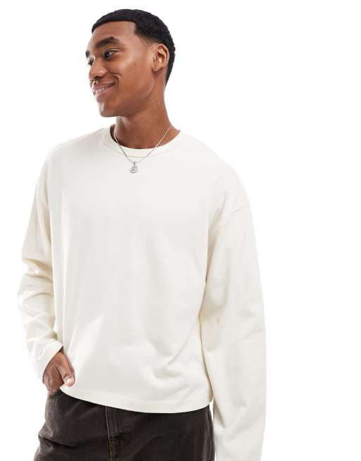ASOS DESIGN - Oversized recht T-shirt van 240g/m² zware stof met lange mouwen in crème