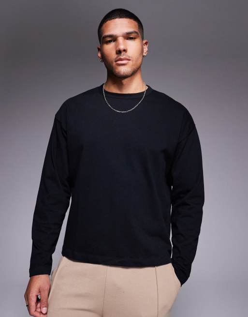 ASOS DESIGN - Oversized recht T-shirt van 240g/m² zware stof met lange mouwen in zwart