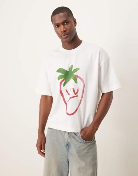 ASOS DESIGN - Oversized recht T-shirt van 240gsm zware stof met aardbeienprint in wit - view 1