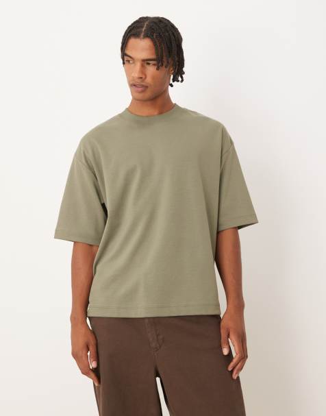 ASOS DESIGN - Oversized recht T-shirt van zachte zware stof in kaki - view 1