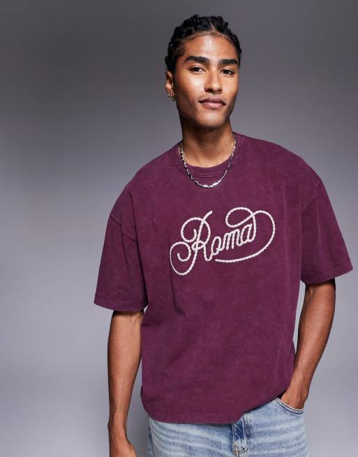 ASOS DESIGN - Oversized recht T-shirt van zware 220 g stof met stadsprint in bordeauxrood met wassing