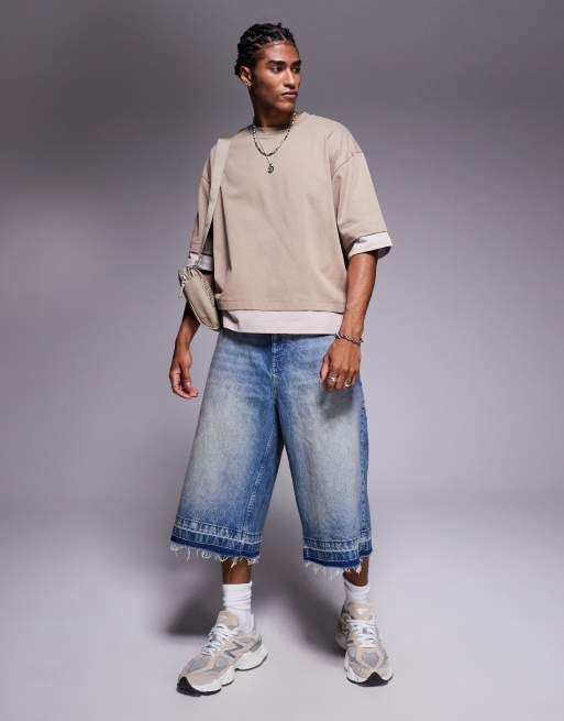 ASOS DESIGN - Oversized recht T-shirt van zware stof met contrast in beige  , 2 van 4