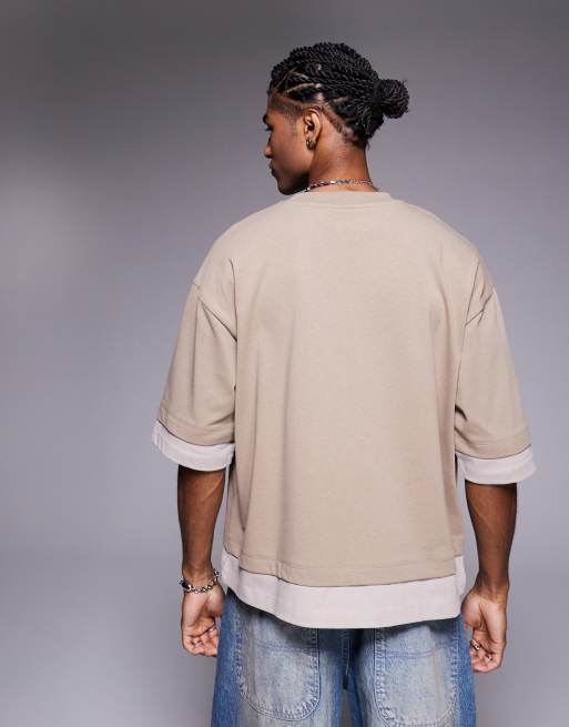ASOS DESIGN - Oversized recht T-shirt van zware stof met contrast in beige  , 4 van 4