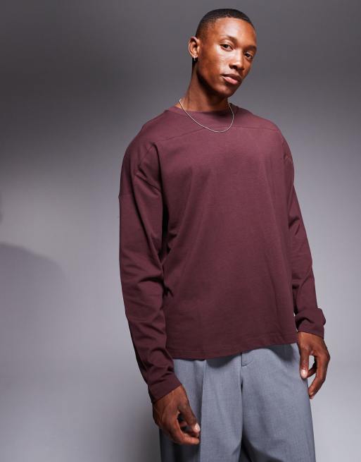 ASOS DESIGN - Oversized recht T-shirt van zware stof met siernaden en lange mouwen in bruin