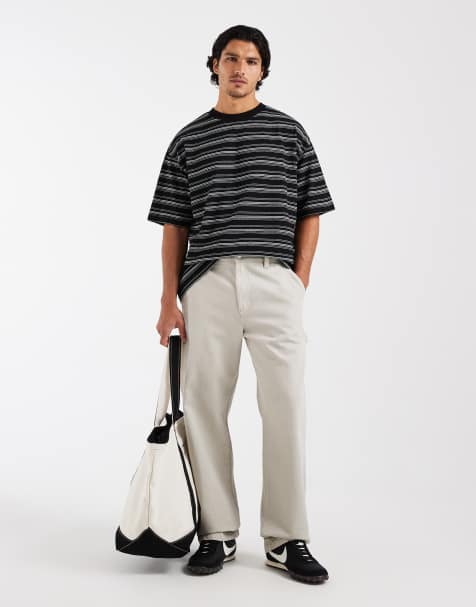 ASOS DESIGN - Oversized recht T-shirt van zware stof met textuur en strepen in zwart - view 1
