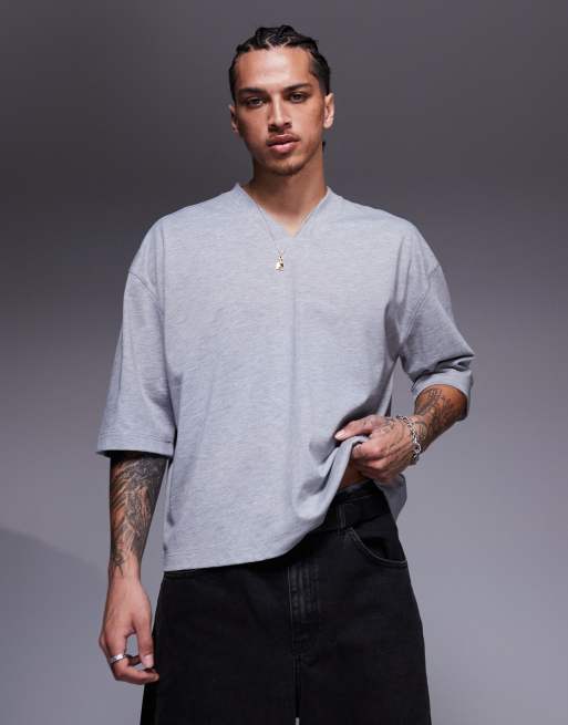 ASOS DESIGN - Oversized recht T-shirt van zware stof met V-hals in gemêleerd grijs