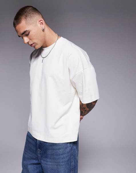 ASOS DESIGN - Oversized recht T-shirt van zware stof met verlaagde schouders in crème - view 1