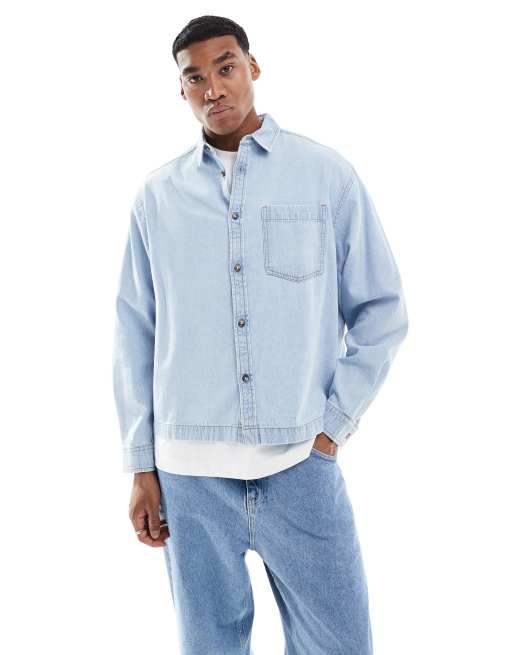 ASOS DESIGN - Oversized rechte cropped denim overhemd in lichtblauw