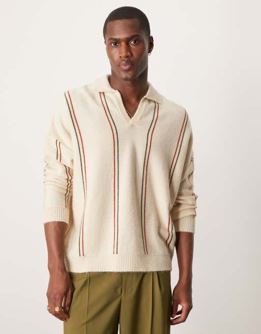 ASOS DESIGN - Oversized rechte gestreepte polo met inkeping aan de hals in stone