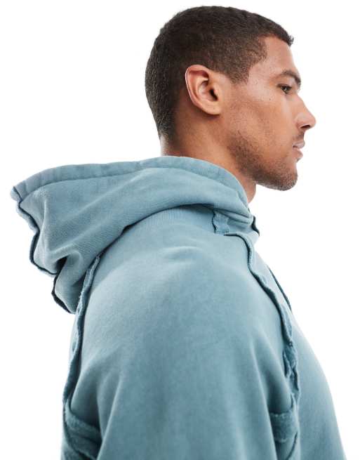 ASOS DESIGN - Oversized rechte hoodie met naaddetail in blauw met wassing, 3 van 4