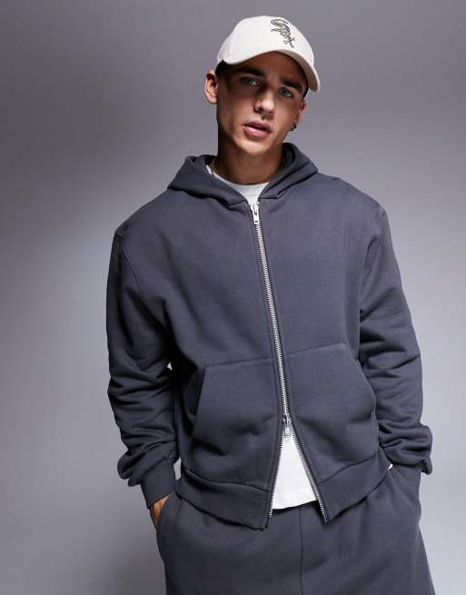 ASOS DESIGN - Oversized rechte hoodie van premium zware 400gsm stof met ritssluiting in zwart met wassing