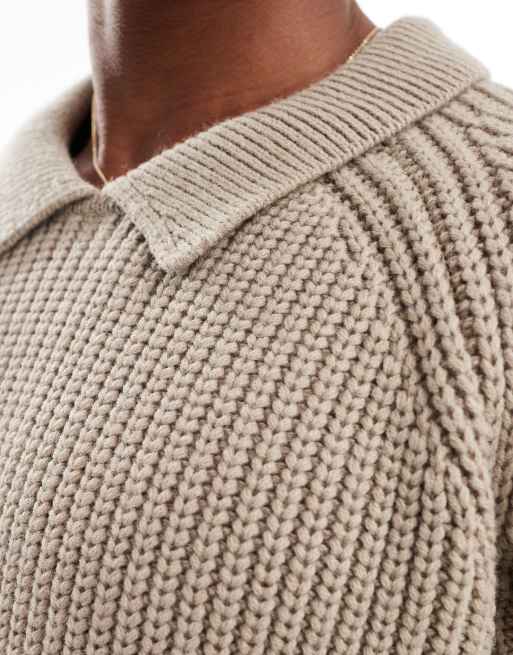 ASOS DESIGN - Oversized rechte kabeltrui van zwaargewicht wolmix breisel met kraag in taupe, 3 van 4