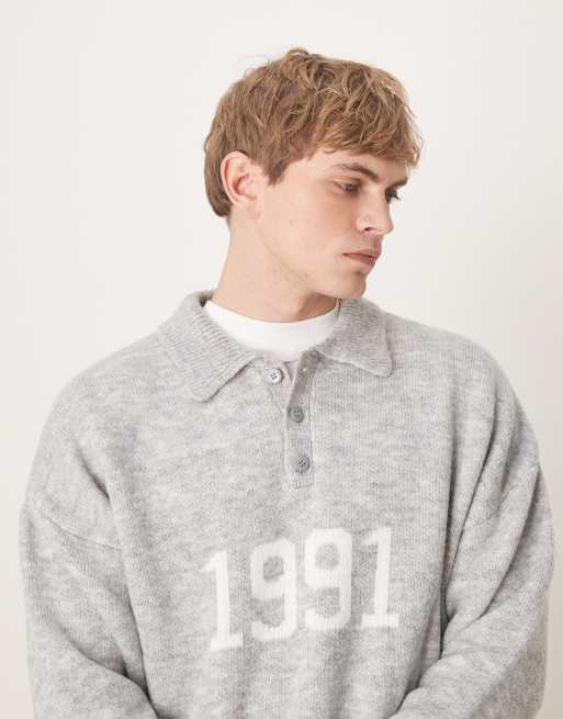 ASOS DESIGN - Oversized rechte polo met 1991-borduursel in grijs