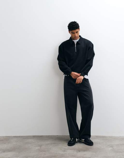 ASOS DESIGN - Oversized rechte polo met kwartrits in zwart, 4 van 5