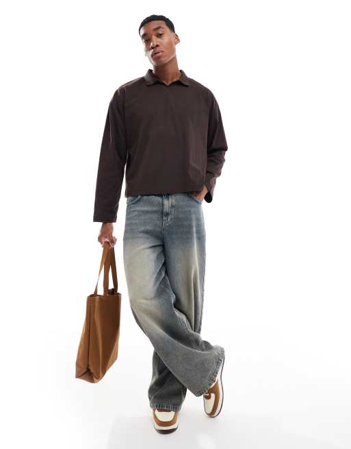 ASOS DESIGN - Oversized rechte polo met lange mouwen van zware stof in bruin , 2 van 4