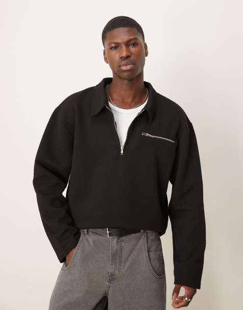 ASOS DESIGN - Oversized rechte polotrui met verlaagde schouders en ritszak in zwart - view 1