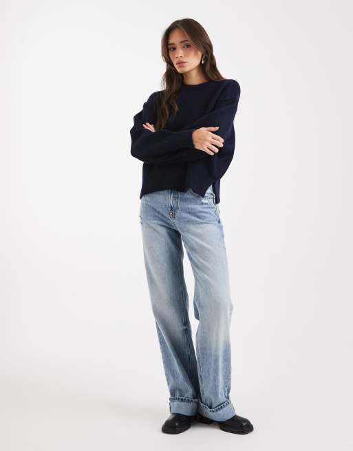 ASOS DESIGN - Oversized rechte trui met ronde hals en zijsplit in marineblauw, 4 van 4
