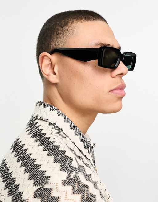 ASOS Design oversized rectangle sunglasses with bevelled frame and green lens in matte Black